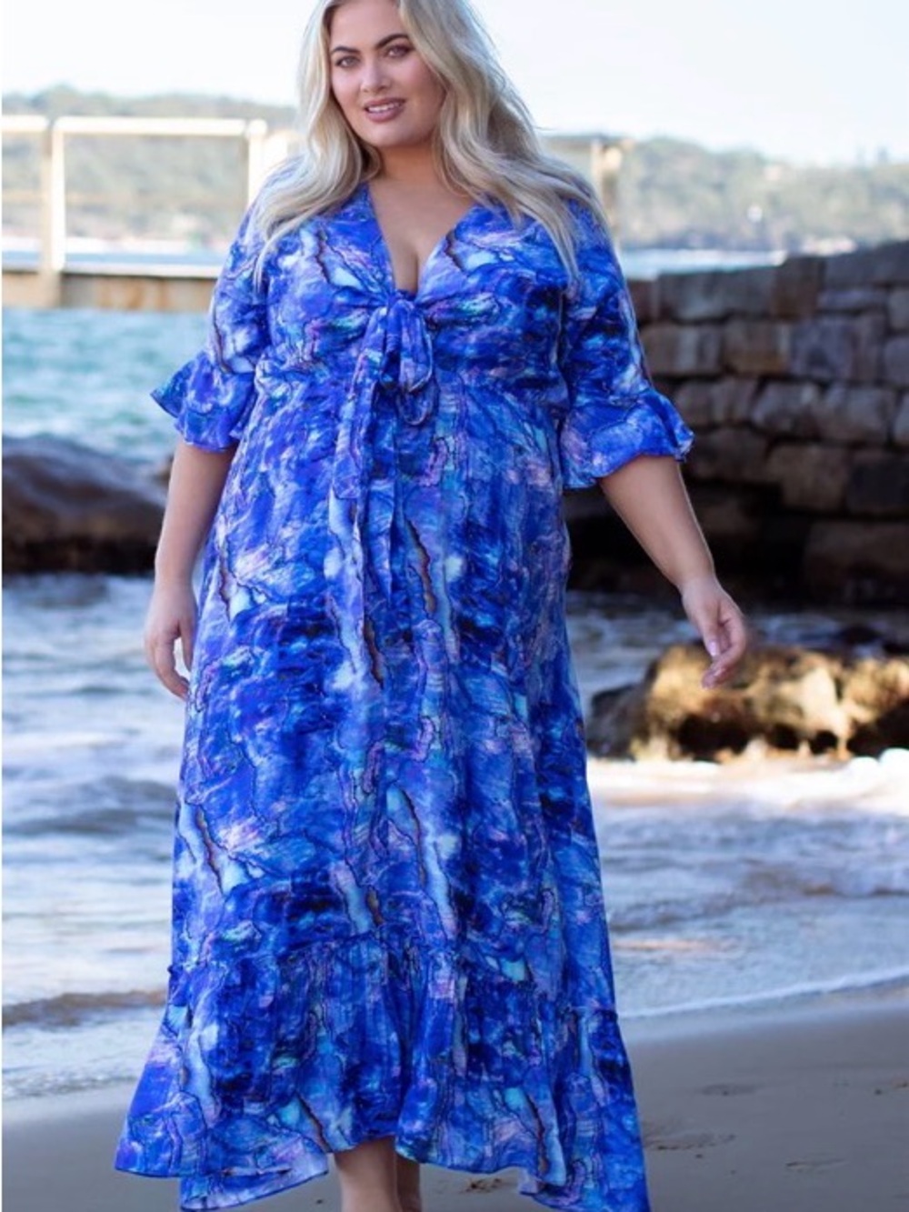 Dani Marie Blue Marble Print Maxi Dress with Front Tie